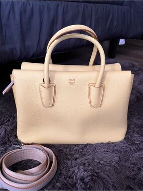 MCM Cream Pebbled Leather Satchel with Detachable Strap